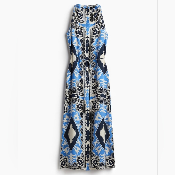 H&M Tie-belt Scarf Prints Dress long  maxi Cream/blue Patterned BNWT - Picture 6 of 14